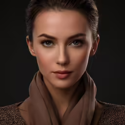 a woman posing in front of a dark background