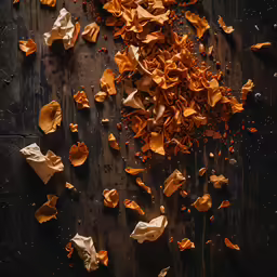 crumpled paper with wood shavings scattered on a table