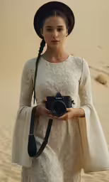a woman holds up a camera while standing on sand dunes