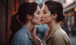 two women kiss while one is in front of the camera