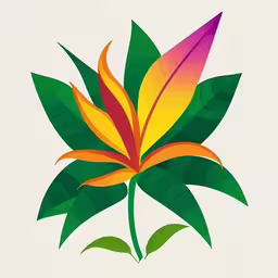 a brightly colored flower with leaves on the stem