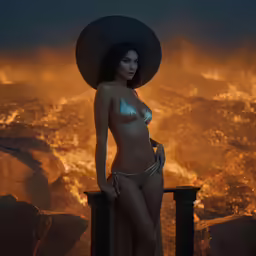 this image depicts a woman standing in front of flames