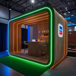 a brightly lit booth for a company called cell phone