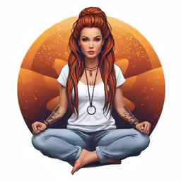 a woman sitting in lotus pose with long hair