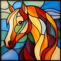 a painting of a horse made with multicolored stained glass