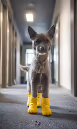 a small brown dog wearing yellow rubber boots