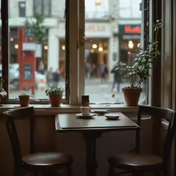 the view out of the window of a cafe, looking at a street