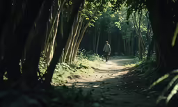 a person riding on a bike down a trail through the woods