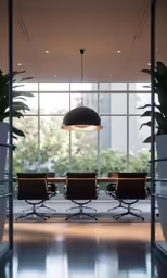 an empty table with leather chairs under a large window