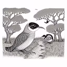 an adult bird on the ground with two babies,an illustration of a bird and her baby in a tree line