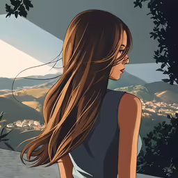 a cartoon photo of a woman with long brown hair