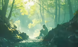 the person is sitting in the middle of the woods
