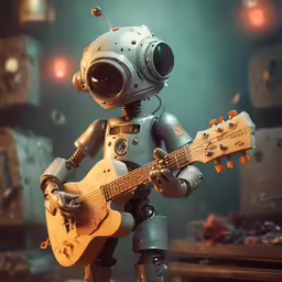 a robot is playing a guitar in the living room