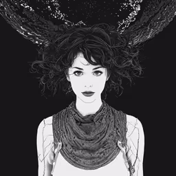 a black and white drawing of a woman