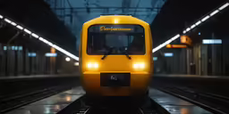a yellow train with headlights coming out sits on a track