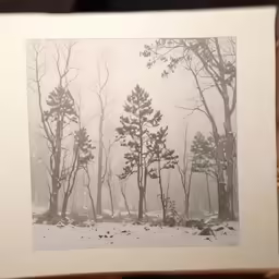 the picture shows a snowy wooded scene with trees