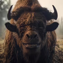 a bison is standing in some grass looking forward