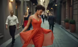 a woman in a red dress walks down a sidewalk