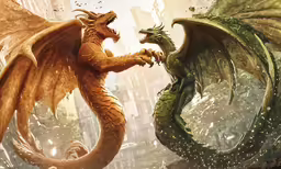 two large dragon fighting each other in the city