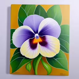 a painting with a purple flower painted on it,a purple flower sitting on top of a green leaf