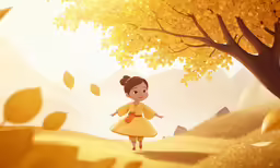 a girl in a yellow dress is running past a tree