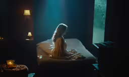 a little girl sits on a bed with lights in the dark