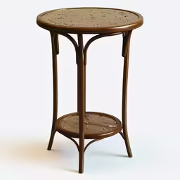 a small wooden table with a wicker shelf underneath