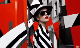 the woman is wearing black and white stripped clothing