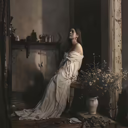 a woman sitting on a wooden bench next to a white vase