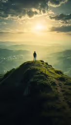 a lone person standing on top of a grass covered hill