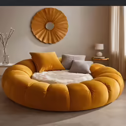 the round chair with pillows on it is next to a lamp