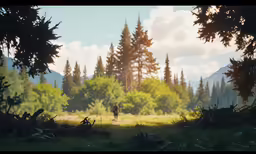 a man stands in the distance near some trees