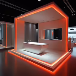 a modern bathroom features a futuristic light fixture