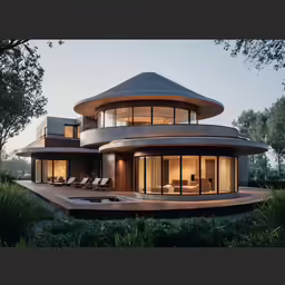 an elegant circular building with a pool in the foreground