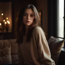 a woman sitting on a couch in front of a window