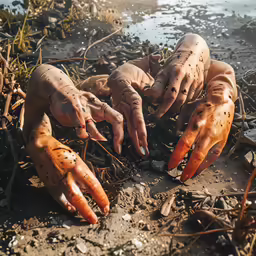 two hands with long fingers that have been covered in dirt and dirt