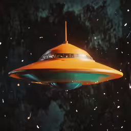 an orange, flying alien boat that is floating on water