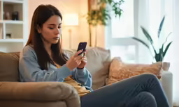 a woman sits on the couch while looking at her phone