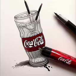 a drawing of a drink and lipstick with two pen