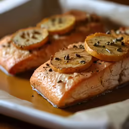 a piece of meat with lemon slices and black seeds