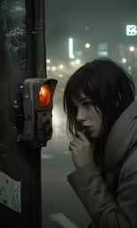 a woman is standing next to a street light