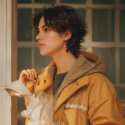 the man is standing by the window with his jacket open