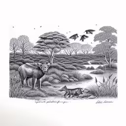 an ink drawing depicting animals in the forest,a couple of animals sitting in the grass