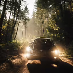 a car driving down a tree lined road