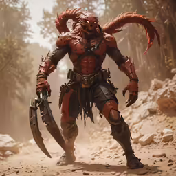 a man wearing demon armor holding two large sword