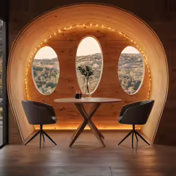 two windows are above a table with two chairs