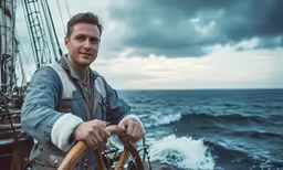 a man standing next to a boat at sea
