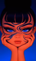 a blue eyed woman with black stripes painted on her face and nose