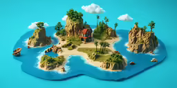an island with several small houses on it