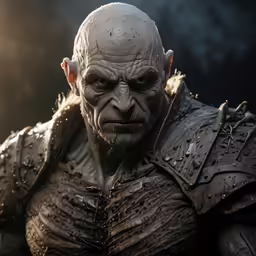 an old man with metal armor and hair
